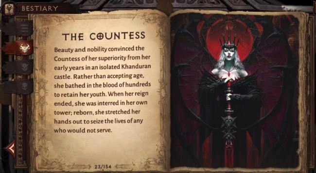 Two pages of the Bestiary are unlocked. One side gives inforamtion about The Countess. The other has a full-color image of her. She is a pale woman with white hair. She wears dark clothing and holds a blood red sword. There are wings on he back.