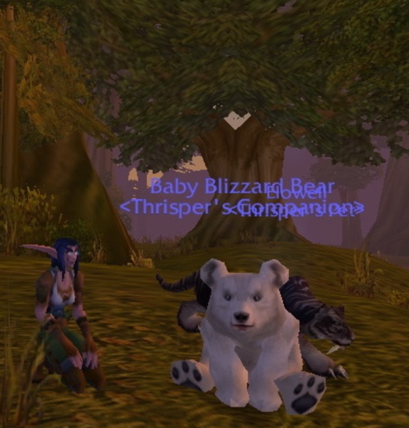 Thrisper and her pets sit by some trees, after deciding not to go into Goldshire. The Baby Blizzard pet is looking out at the viewer as Thrisper watches over it. Elowell looks like she is about to snuggle the large baby.