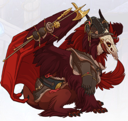 Tomato is a very red Tundra dragon. He is wearing the Contestant's Set. The helmet looks like an elongated skull with curving horns. Over Tomato's shoulders is a pelt with claws still attached. On his waist is a belt with some leather fabric attached to it. The wings of this dragon have three gold colored weapons attached to it: a gold axe on a large pike, a gold spear with a pointy end and a gold mace.