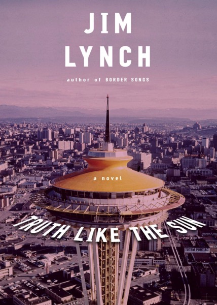 The cover of this book says "Jim Lynch, author of BORDER SONGS" at the top. The overall color scheme is different shades of purple. Seattle's Space Needle is the largest thing in the book cover. It is colored with both light purple and orange. 