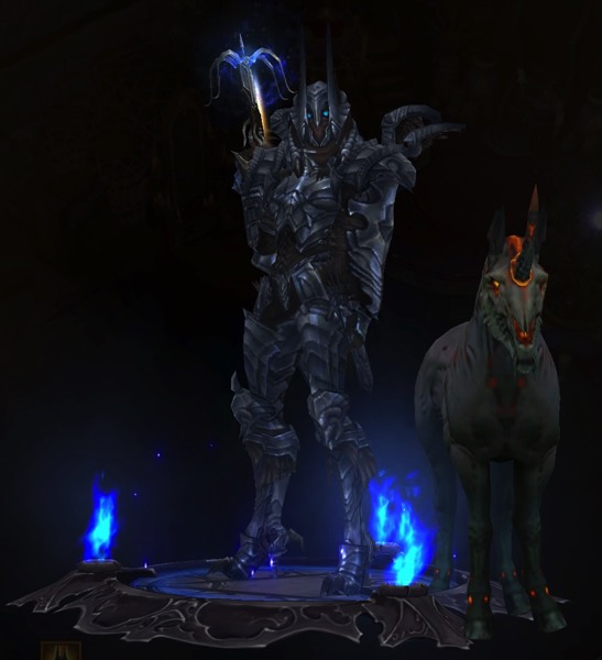 A Demon Hunter wears a matching set of armor that covers her entire body. She holds up a crossbow. Next to her is a monstrosity of a unicorn named Dream of Piers. 
