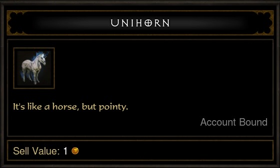 A box says "UNIHORN" at the top. There is a tiny picture of a white Unihorn inside a square. This item is Account Bound.