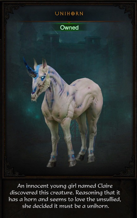 A white unihorn, that appears to be undead, looks at you. The unihorn has blue, glowing light in its eyes, nostrils, horn, and ankles. 