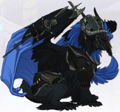 Voltt is a Tundra dragon with black skin, dark black feathers, and bright blue feathers. He is wearing the Mourner's Set.