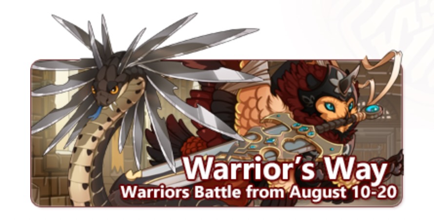 Warrior's Way is an event where Warrior's battle. The image shows a snake that has blades growing out of its head, and feathered bird-like creature that is wearing armor and carrying an oversized sword in its mouth.