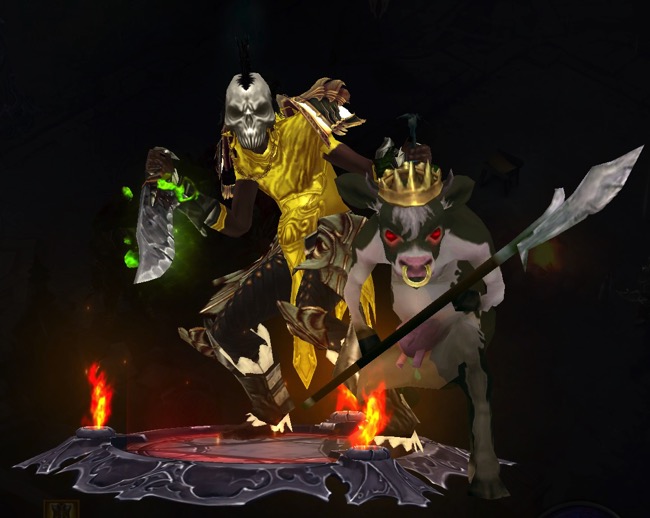 A Witch Doctor is wearing shiny yellow armor (and some armor that is black and white). He holds a bladed weapon that might have poison on it. Next to him is That Which Must Not Be Named.