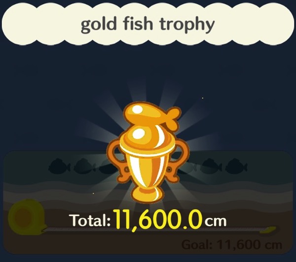 The gold fish trophy is the brightest of the fishing trophies. It resembles the other trophies, but this one is made of gold.
