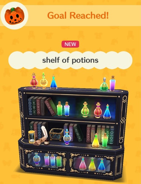 A large, black, shelving unit with gold designs on the sides, holds a lot of potions of different colors in bottles of different shapes and sizes. There are potions on the top, the middle, and in the bottom two glass drawers. There are hard cover books on some of the shelves, and also an hourglass, a rolled scroll, a feather quill in a bottle of ink, and a decorative box on the shelves.