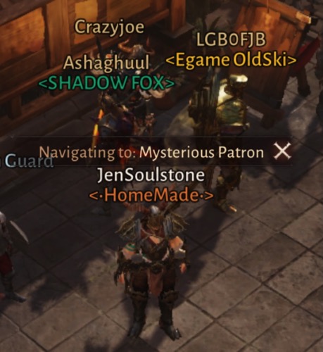 A Diablo Immortal screenshot that shows a group of players in front of the Bounty Board. Two of those players chose terrible names.