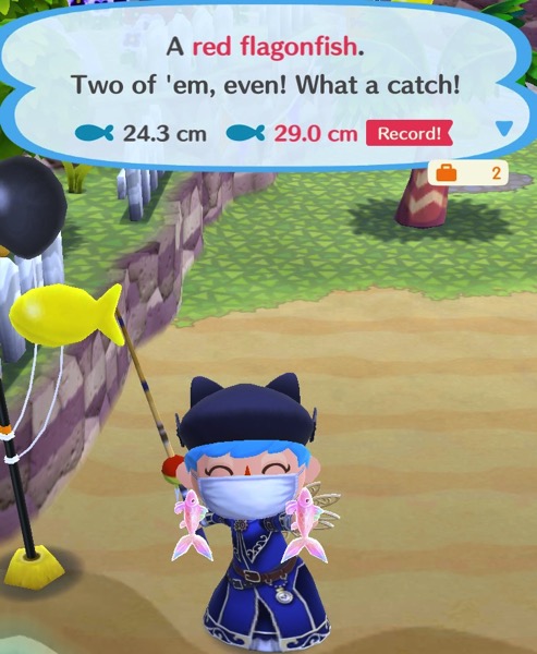 My Pocket Camp character holds up two red falgonfish. They are iridescent, and look more pink than red to me.