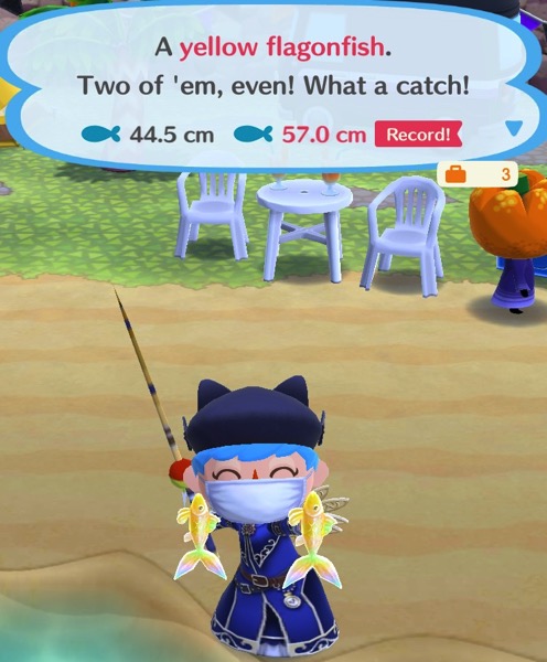My Pocket Camp character is holding up two yellow falgonfish