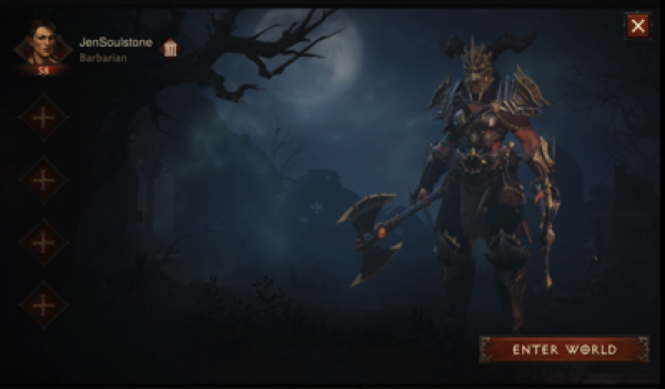 A Barbarian is wearing the set that could be obtained by pre-registering for Diablo Immortal. She is currently Level 58.