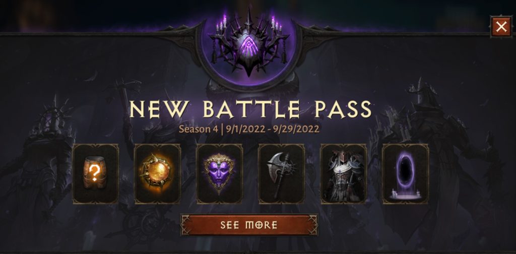 A Diablo Immortal screenshot announces "New Battle Pass". It also says "Season 4" (with dates attached). There are small boxes with rewards the player could potentially earn.