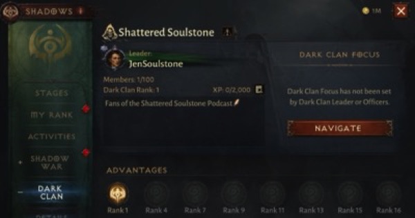 A box shows that I have created the Shattered Soulstone Dark Clan.