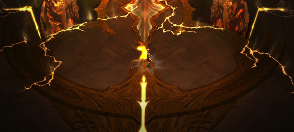 A monk with glowing wings stands in the center of the screenshot. The area around her is mostly brown in color. There are bright yellow cracks splitting the ground apart.