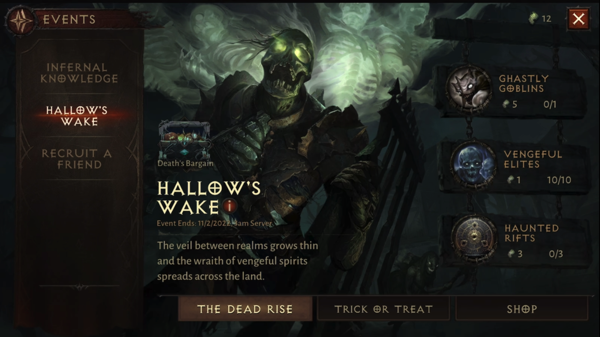 A skeleton who is wearing rotted armor looks out at the viewer. The skeleton's eyes are glowing green, and the sky behind him is also a green, unnatural, color. On the right side of the image are three signs "Ghastly Goblins", "Vengeful Elites", "Haunted Rifts" On the left side the words "Hallow's Wake" is highlighted.