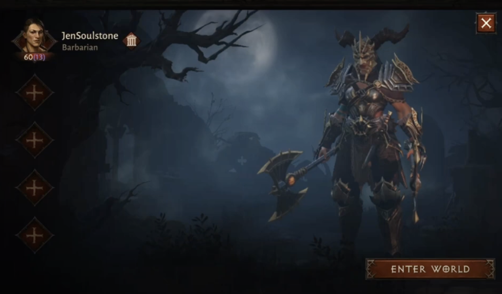 A Barbarian carries one large axe in each hand. She is wearing a set of armor that includes a horned helmet. It is night. The moon out, and is behind a lot of fog.