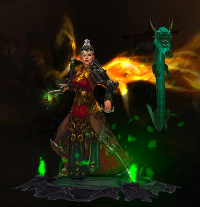 A Monk is wearing fancy armor in red, brown, gold, and black. She has orange and yellow wings that are made of light. Next to her is a jade green dragon that is floating in the air.