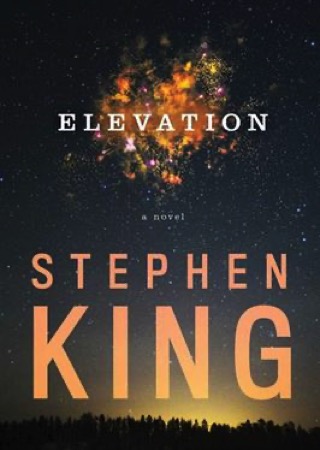 The title of the book is "Elevation". The word is floating in the night sky with a colorful burst of color behind it.  Tiny letters under that say "a novel" In larger print, towards the bottom of the book, it says "Stephen King"