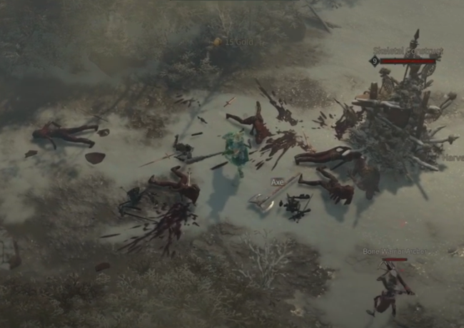 A Barbarian is in the center of this image. She has killed several enemies that tried to attack her. Off to the side is a large pile of bones and rubble, which the Barbarian needs to destroy.