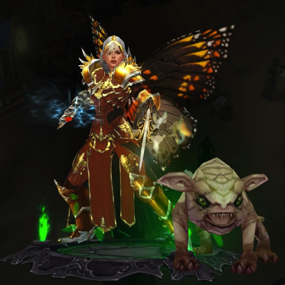 A Monk is wearing four pieces of Tyrael's armor. Each piece appears to have at least some gold on it. On her back are butterfly wings. Next to her is a monstrosity of a pug dog.