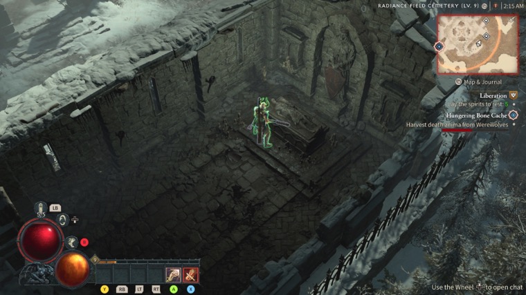 My Barbarian stands in front of a crypt that has a skeletal looking person lying on it. The wall behind the person shows figure who is holding a red shelf and wearing a helmet. 
