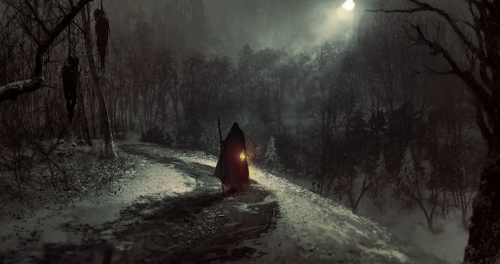 A cloaked figure walks on a path, holding a stick. There is snow on the ground on either side of the path. Barren trees surround the landscape. Two corpses are hanging from one of the trees. Fog shrouds the moon that is glowing in the sky. This is from the Diablo IV website (where you can purchase the game).