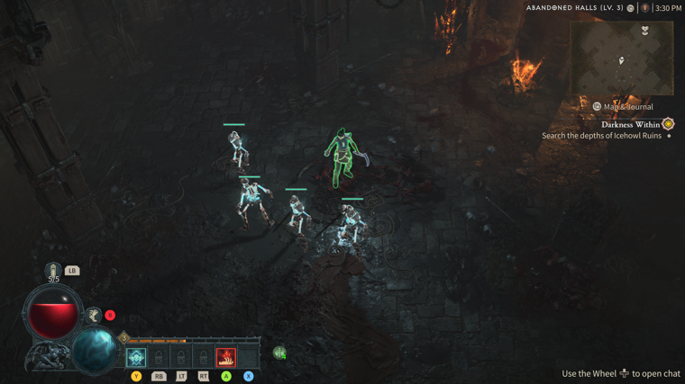 A Necromancer stands behind a row of four skeletons. They are inside a dungeon called Abandoned Halls.