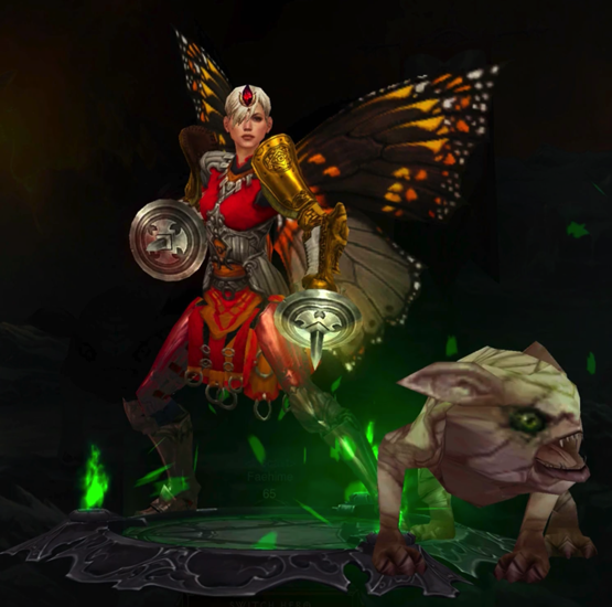 A Monk is wearing a lot of red armor, She has a red gem on her head. She holds two fist weapons, one in each hand. There are butterfly wings on her back. Next to her is a monstrosity of a pug dog that snorts.
