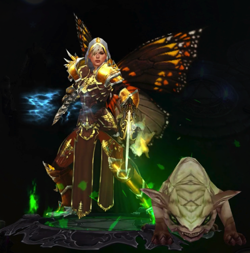 A Monk is wearing butterfly wings on her back. Some of the armor she is wearing is gold. The rest of her armor is brown with some gold accents. She carries two weapons, one in each hand. Next to her is a monstrosity of a pug dog that snorts.