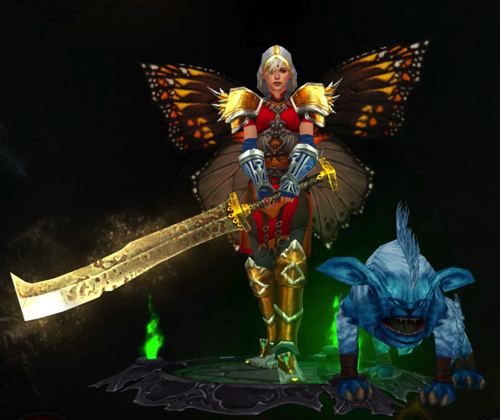 A monk is wearing a mix of armor, including butterfly wings on her back, A few pieces of the "Tyrael" set, Inna's Hold blue gloves, and red armor made of cloth and a little iron. She holds a very large two-handed sword that is gold and glowing. Next to her is a blue dog that might be undead.