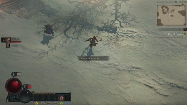 My Diablo IV Barbarian is running through a snowy landscape. Lorath Nath is running along behind her.