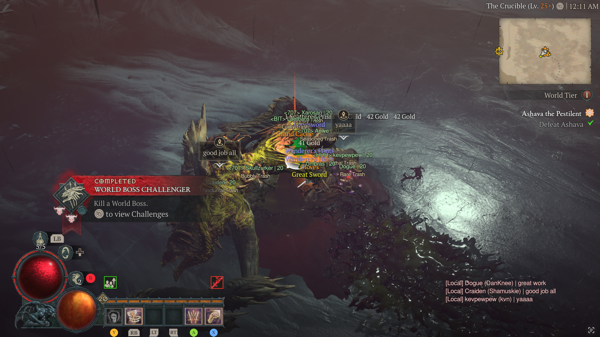 A group of players killed Ashava the Pestilent, who is lying on the ground, dead. A box next to the creature says "Completed: World Boss Challenge". 