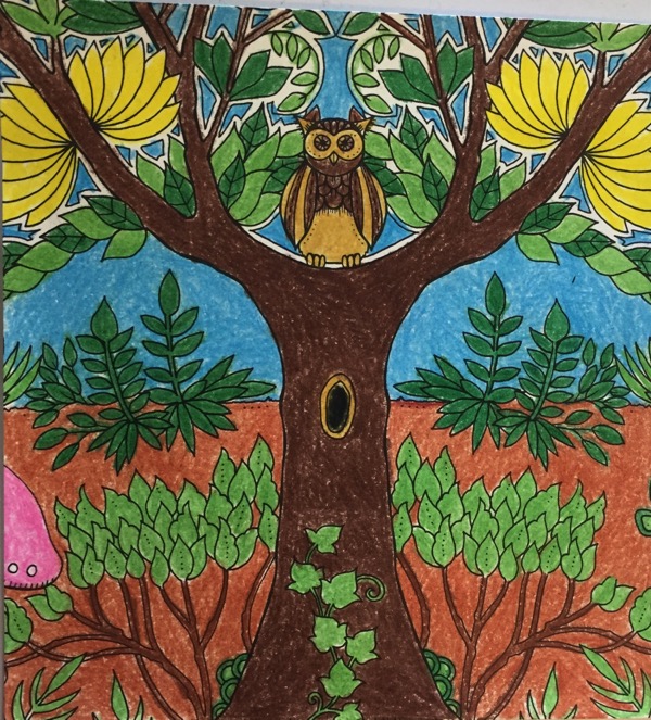 A tree is in the center of the coloring page. An owl sits in the tree. The tree's branches have green and yellow leaves growing on them. The ground is orange, and a variety of plants are growing upwards.