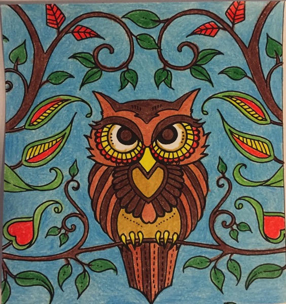 An owl sits on a skinny branch in the center of this coloring page. The owl is dark brown in places, with orange and yellow feathers. Off to the sides of the owl are curling tree branches, with large and small leaves growing from them.