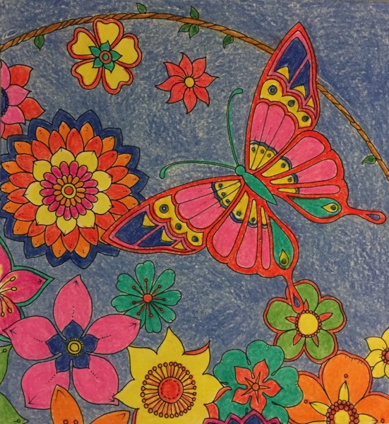 A large, multicolored butterfly flies toward a colorful flower with rows of small petals. Several smaller flowers, of different colors, sizes, and shapes fill the bottom of the coloring page. A vine is curving around the butterfly and is growing small leaves and a few flowers.