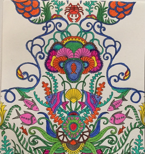This coloring sheet is symmetrical. It includes plants and vines, and a variety of different colored fish. It resembles an underwater scene.