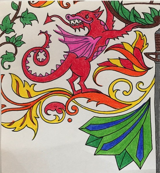 A red dragon with pink scales and wings, stands on some flames. The dragon is holding onto a tree branch with it's front paws. It looks behind itself at smaller tree branches that have green leaves on them. Half of a metal sword with brown leather on the hilt is on the right hand side of the coloring sheet.