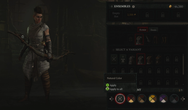 A Rogue holds a large bow. She is wearing a silver tunic, a sash, leather pants and boots. She has short hair. Next to her is a window that provides some transmog options.