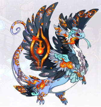 Achoo is a Male Coat dragon. He is wearing the Eye of Eternal Flame skin - designed by RAVENt Small orange flames cover the body of this dragon. 