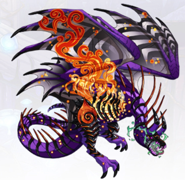 A mostly purple female Banescale dragon is wearing the Amplifier skin, which was created by Limeypie. The skin shows a large amount of curly flames covering her body.