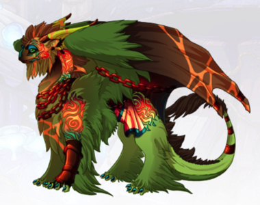 Esmerelda is a mostly green Tundra dragon. She is wearing the Copperforge Decor skin, which has added orange flames across her body. The skin also gives her some decorative red chains and designs.