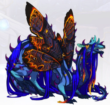 Sabine is a male, very blue, Veilspun dragon is wearing the Moth to Flame skin - designed by Kaenith. The wings of this dragon are covered in an orange and purple design. The body of the dragon has some flame colors and also some purple spines.