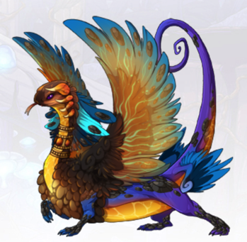 A female Coatl dragon is wearing a colorful skin called Forger's Visage, which was created by Saerino. The skin gives this dragon a multitude of flames across her wings, head, neck, and belly.