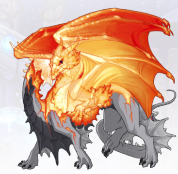 A grey dragon appears to be engulfed in yellow, orange, and red flames. This skin was created by Vide. It looks like this dragon is using flames to molt off its old scales.
