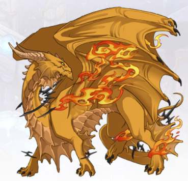 A bright yellow and gold female Guardian dragon is wearing the Spires of Flame Apparel. It shows flickering flames across parts of her body. There are also little pokey things on her feet and neck.