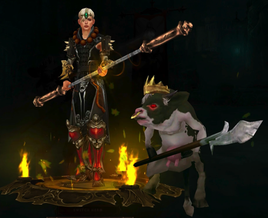 A Diablo III Monk is wearing a mix of armor in the colors black, red, and gold. She carries a large, two-handed staff. Next to her is a cow pet who stands on two legs and wears a crown.