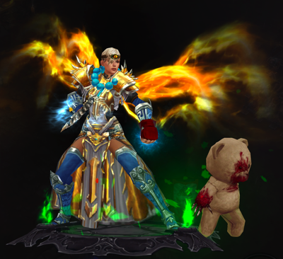 A Monk is wearing a lot of shiny armor. The armor is colored light blue, gold, and white. She is wearing large blue beads around her neck. Wings made of yellow light are on her back. Next to her is a teddy bear pet that with blood splashed on its face and glass shards attached to one of its bloody hands.
