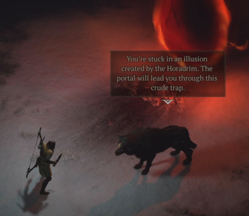 A wolf speaks to a male Rogue. The wolf tells the Rogue "You're stuck in an illusion created by the Horadrim." A red portal is behind them.