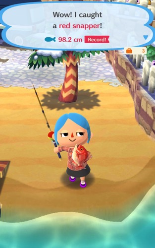 My Animal Crossing Pocket Camp character is holding onto a fishing pole and showing the Red Snapper fish she caught.